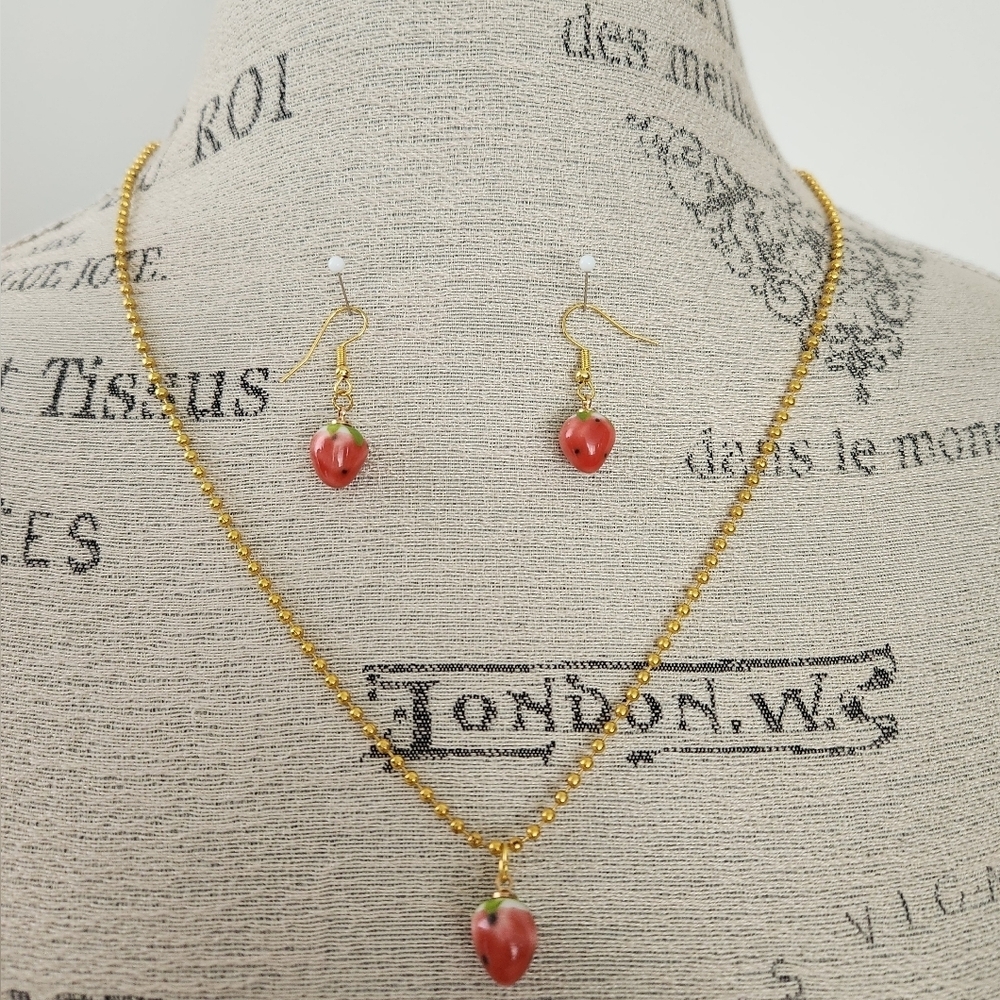 Ceramic Strawberry Earrings Necklace Set